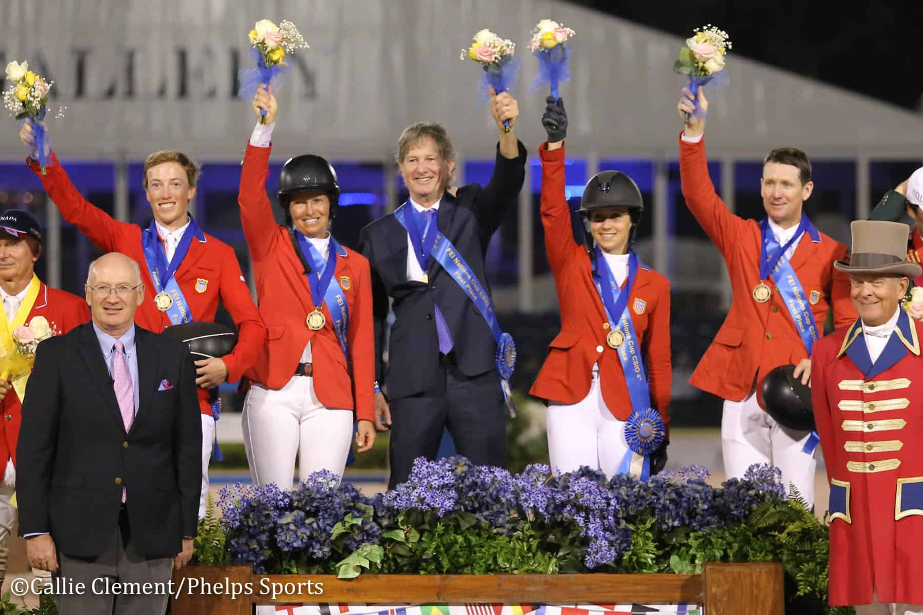 Left to right on the podium: Wilton Porter, Beezie Madden, Chef d’Équipe Robert Ridland, Adrienne Sternlicht and McLain Ward of the United States won the $150,000 FEI Nations Cup CSIO4* at the 2019 Winter Equestrian Festival in Wellington, Florida.