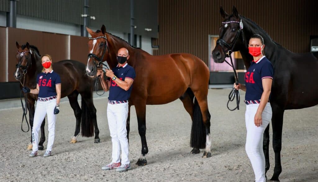 U.S. Dressage Team Pass First Horse Inspection at Olympic Games Tokyo. Sabine Schut-Kery/Sanceo, Adrienne Lyle/Salvino, & Steffen Peters /Suppenkasper