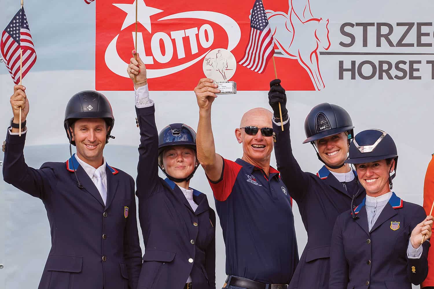 Four Karen E. Stives Endowment Fund Grant Recipients Take Silver in the 2023 FEI Eventing Nations Cup™ Poland CCIO4*-NC-S. (L-R) Andrew McConnon, Cassie Sanger, Chef d’Equipe
Coach Leslie Law, Caroline Pamukcu, and Jenny Caras
Photo by Libby Law