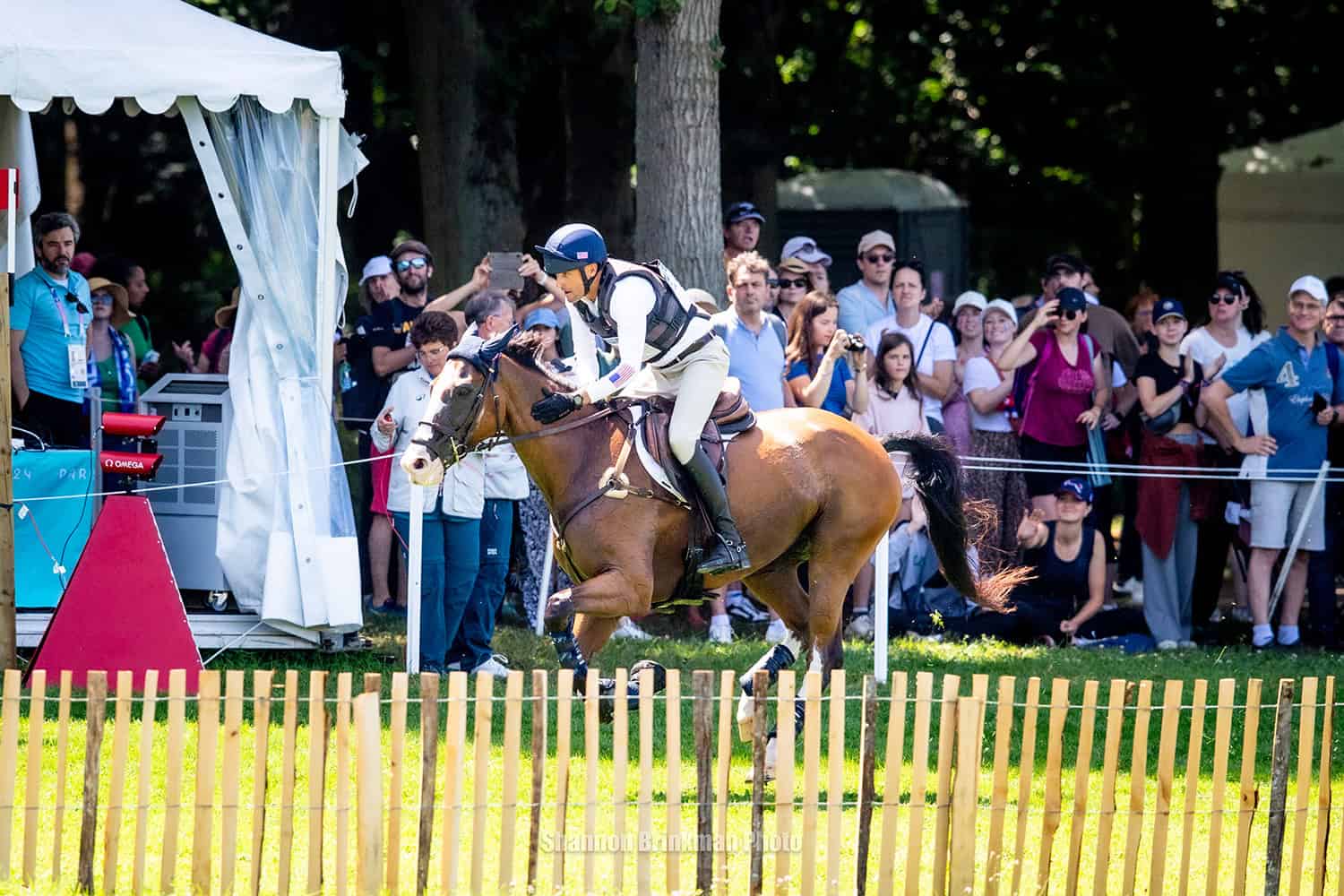 U.S. Eventing Team member Boyd Martin and Federman B on the cross country course at the 2024 Paris Olympic Games. Photo by Shannon Brinkman