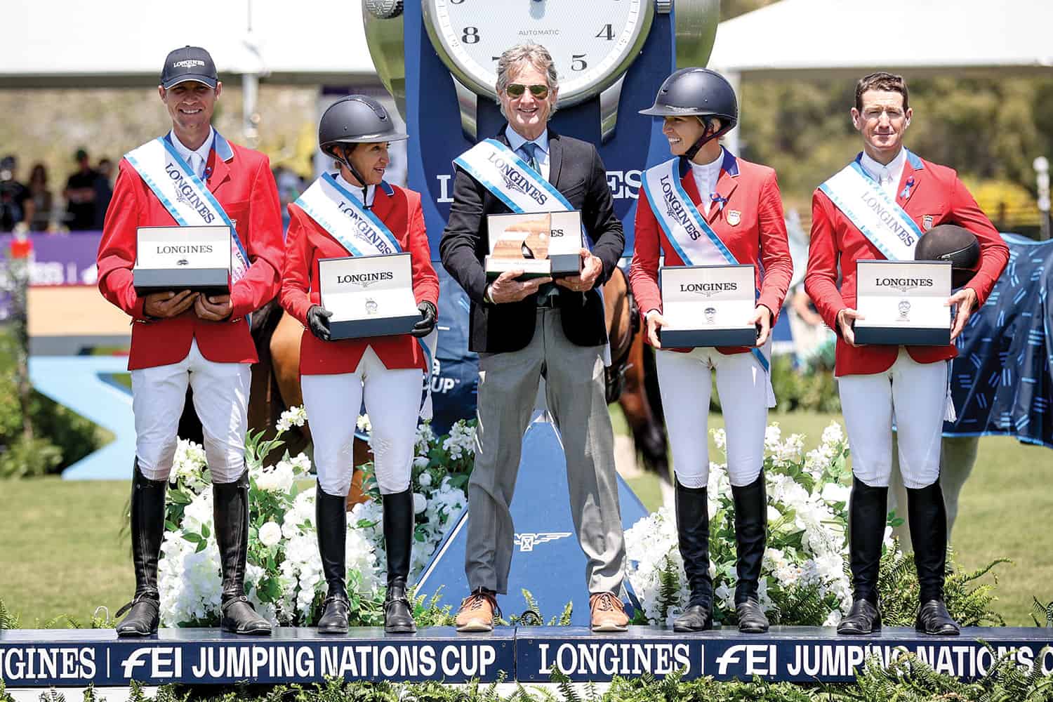 U.S. Jumping Team Wins 2023 Longines FEI Jumping Nations Cup™ San Juan Capistrano, California (L-R) Karl Cook, Laura Kraut, Chef d’Equipe Robert Ridland, Lillie Keenan, and McLain Ward. Photo by Matt Turer/US Equestrian
