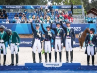 Dressage Team Gold Medalists Sarah Tubman, Codi Harrison, Anna Marek, and Christian Simonson at the 2023 Santiago Pan American Games. Photo by Shannon Brinkman Dressage Team Gold Medalists Sarah Tubman, Codi Harrison, Anna Marek, and Christian Simonson at the 2023 Santiago Pan American Games. Photo by Shannon Brinkman