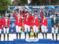 Jumping Team Gold Medalists McLain Ward, Karl Cook, Kent Farrington, and Laura Kraut at the 2023 Santiago Pan American Games. Photo by Shannon Brinkman Jumping Team Gold Medalists McLain Ward, Karl Cook, Kent Farrington, and Laura Kraut at the 2023 Santiago Pan American Games. Photo by Shannon Brinkman