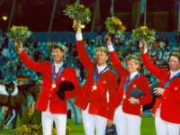 U.S. Jumping Team Gold Medalists Chris Kappler, Peter Wylde, Beezie Madden, and McLain Ward at the 2004 Athens Olympic Games. Photo by USET Archive U.S. Jumping Team Gold Medalists Chris Kappler, Peter Wylde, Beezie Madden, and McLain Ward at the 2004 Athens Olympic Games. Photo by USET Archive