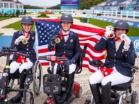 U.S. Paralympic Gold Medal Team; Fiona Howard, Rebecca Hart, and Roxanne Trunnell at the 2024 Paralympic Games in Paris, France. Photo by Devyn Trethewey/US Equestrian